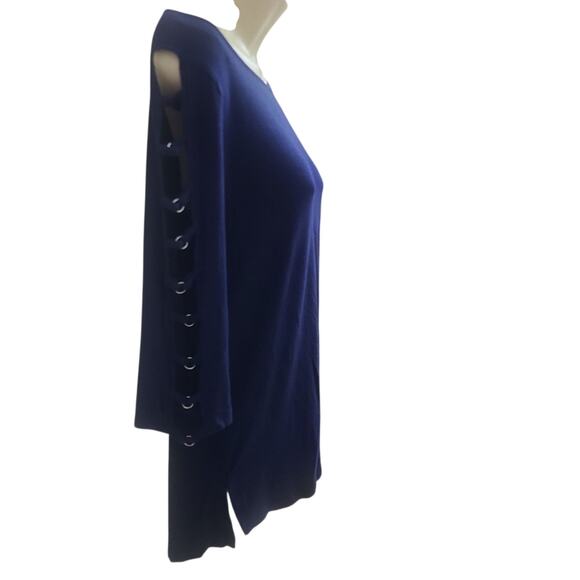 French Laundry S. Womens Blouse Blue Boho Casual 3/4 Cut Out Sleeve W Grommet - Picture 2 of 6